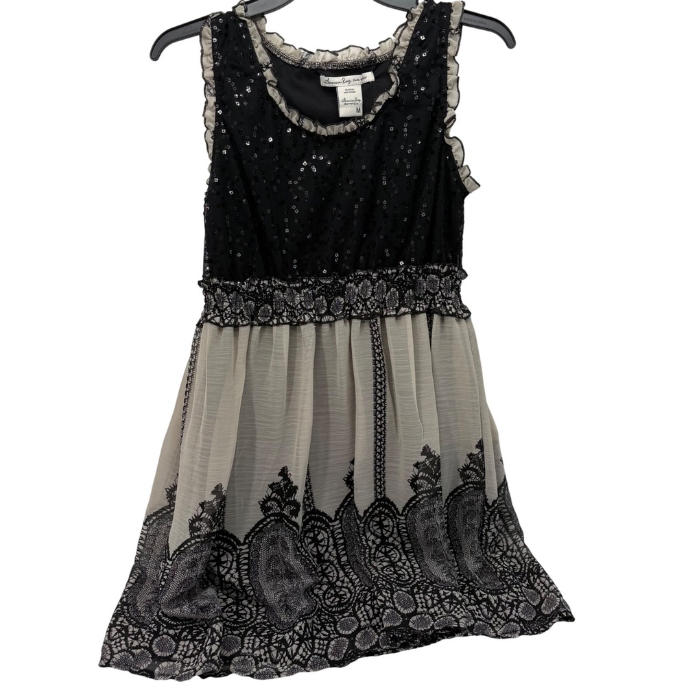 American Rag Cie Womens Black Sequin Lace Print Chiffon Cocktail Dress Size M